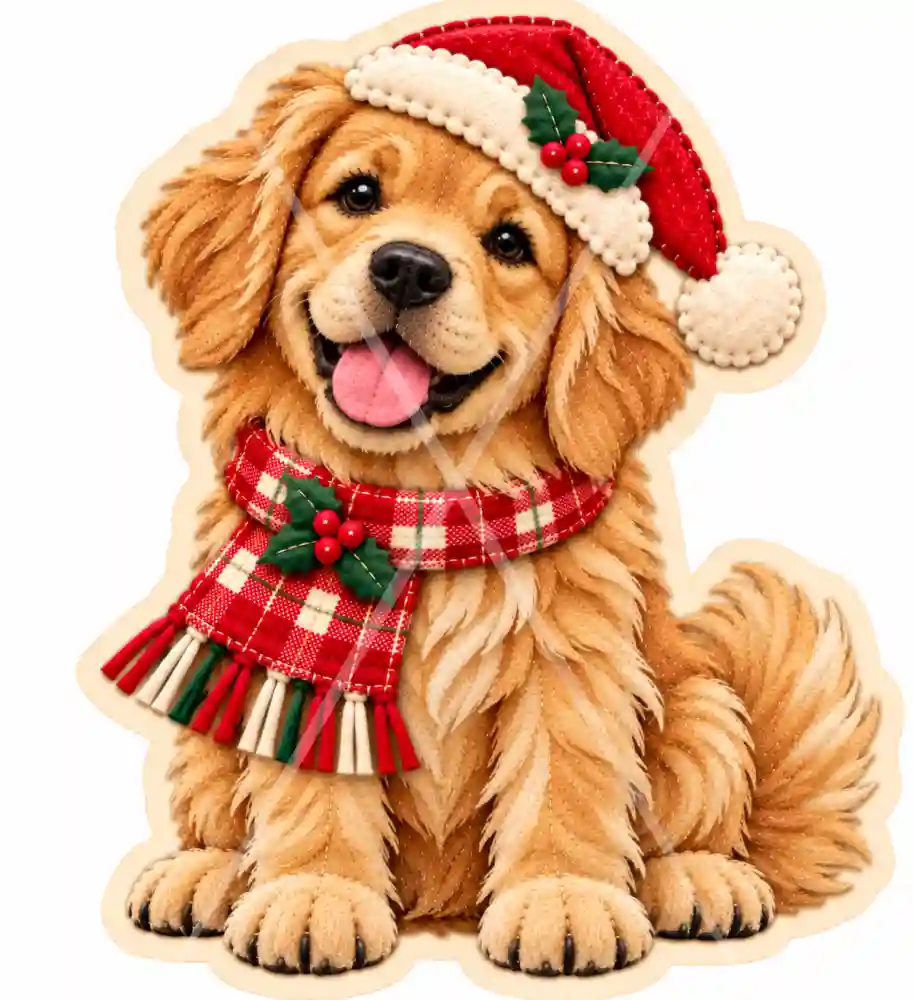 Świąteczny golden retriever z czapką Mikołaja.png