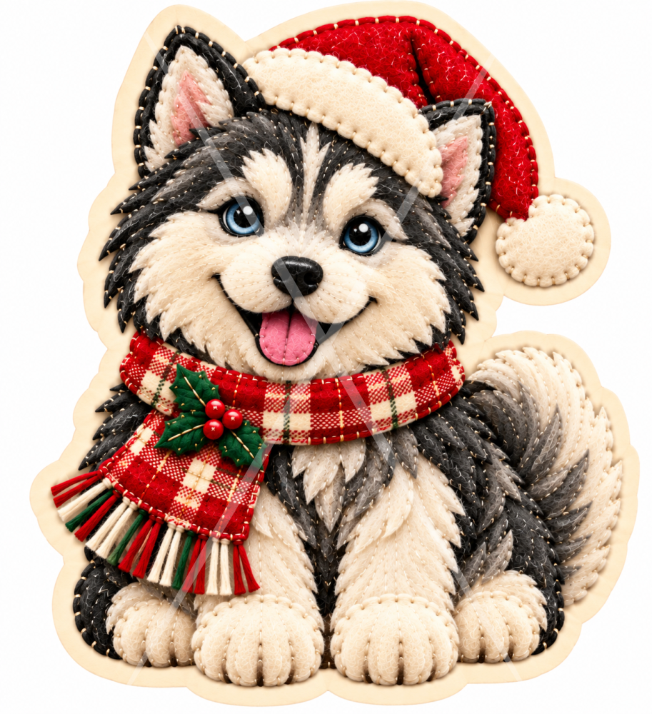 Świąteczny filcowy husky w czapce Mikołaja.png